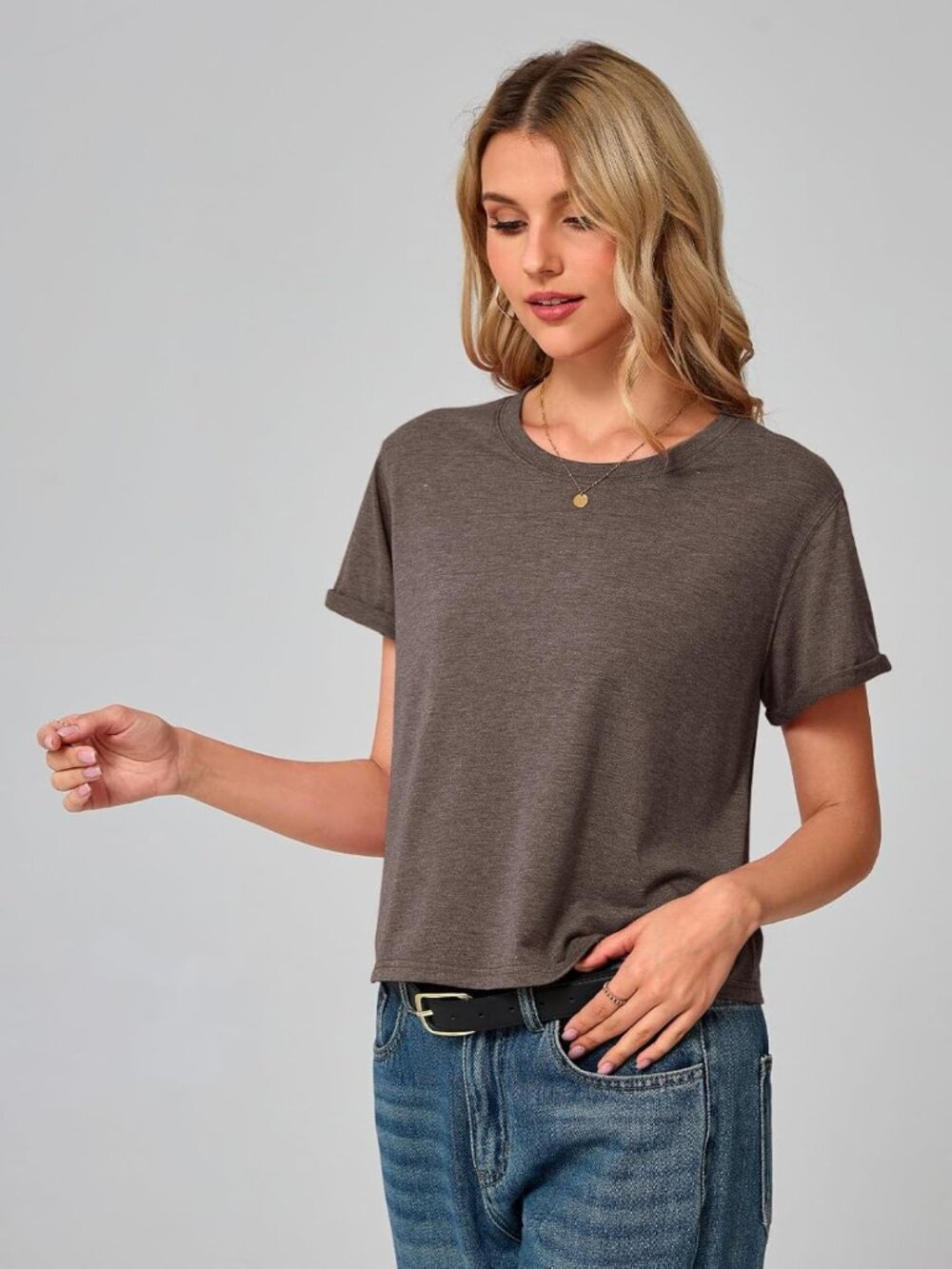 Women's Brown Summer Short Sleeve Crewneck Crop Casual and Flowy Style T Shirt - Picture 6 of 6